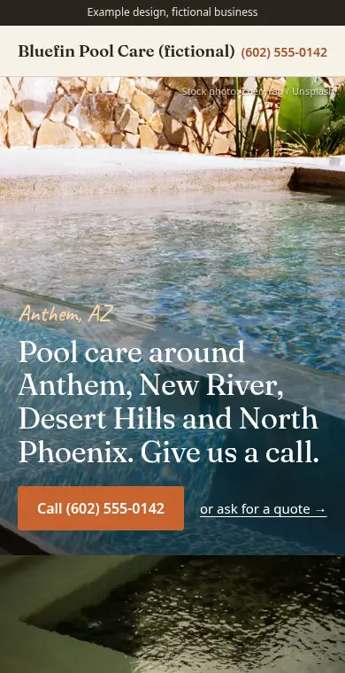 Mobile screenshot of the example design for Bluefin Pool Care, a fictional business