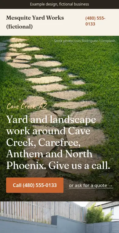 Mobile screenshot of the example design for Mesquite Yard Works, a fictional business